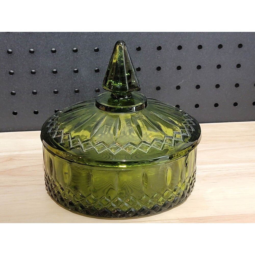 Vintage Indiana Glass, Princess Pattern Candy Dish With Lid, Olive Green